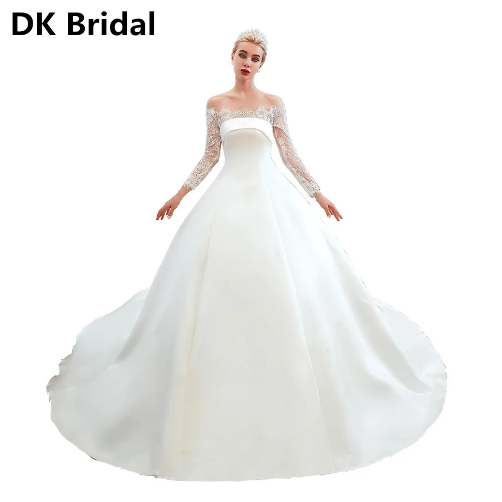 

Long Sleeve Lace Wedding Dresses Satin 2019 Chapel Train Formal Bridal Gowns Boat Neck Backless Vestido De Noiva Bride Dress