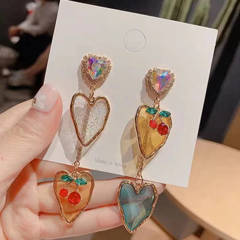 

New Korean Elegant Acrylic Heart Cherry Drop Earrings For Women Girls Shiny Crystal Holiday Pendientes