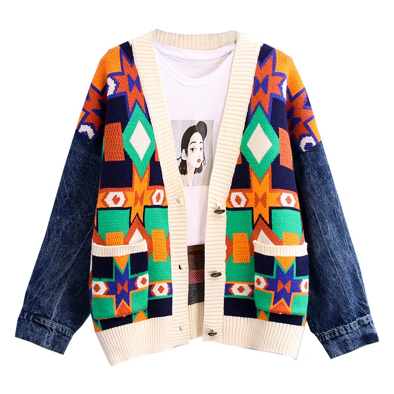 

Женский кардиган с V-образным вырезом, джинсовый свитер с рукавами в стиле пэчворк, пальто, женская Повседневная Свободная трикотажная одеж...