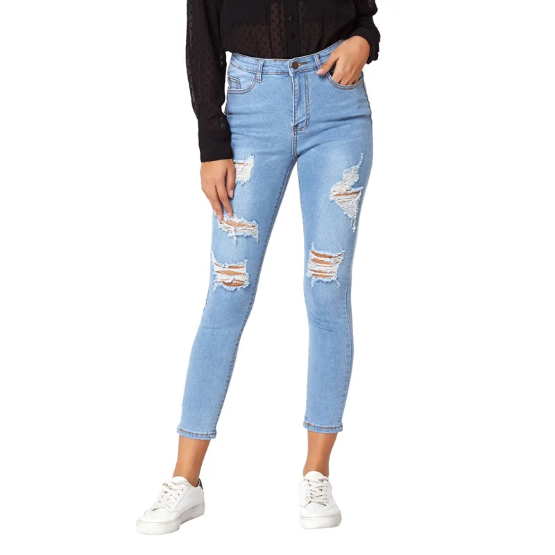 

2021 spring and autumn European American jeans women's ripped pencil pants
