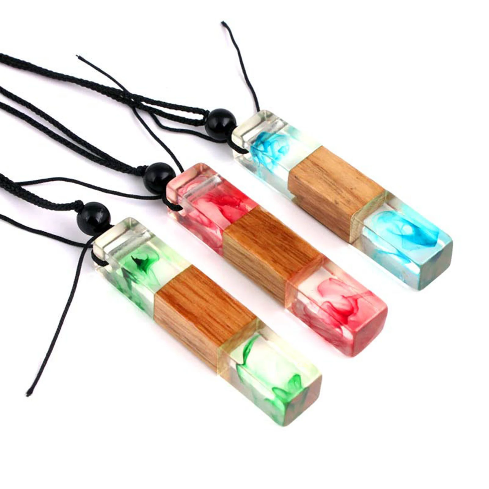 

Fashion Resin Wood Necklace Colorful Rectangle Ink Spot Pendants Black Rope Chains Collar Women Men Jewelry Gifts 56cm long, 1PC