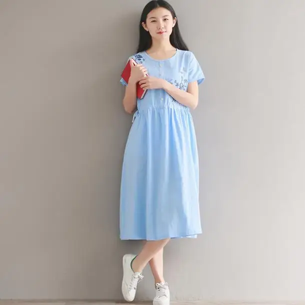 Mori Girl Summer Women Floral Dress Wine Red White Blue Cotton Linen Vestidos Short Sleeve Embroidery Midi AE756 | Женская одежда