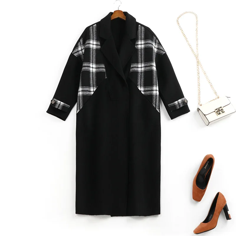 

Xl-5Xl Plus Size Women Woolen Coat Turn Down Collar Mid Length Jacket Loose Lattice New Outerwear Fattening Thin Coat 2021 Fall