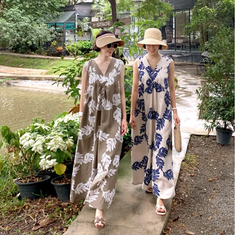 

2021 Summer New Print Loose Women Dresses V-neck Sleeveless Loose 4 Colors Pockets Female Dress