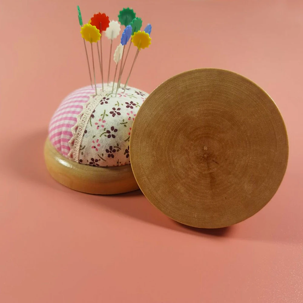 

Splicing Pastoral Round Pin Cushion Wood Base Fabric Needle Storage Holder Bag Vintage Half Round Pin Cushion Wooden Base