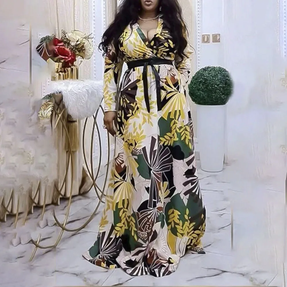 

Europe America Loose Casual Seaside Vacation Sandy Beach High Waist Printing V-neck Long Sleeve Women's Dress Summer 2021