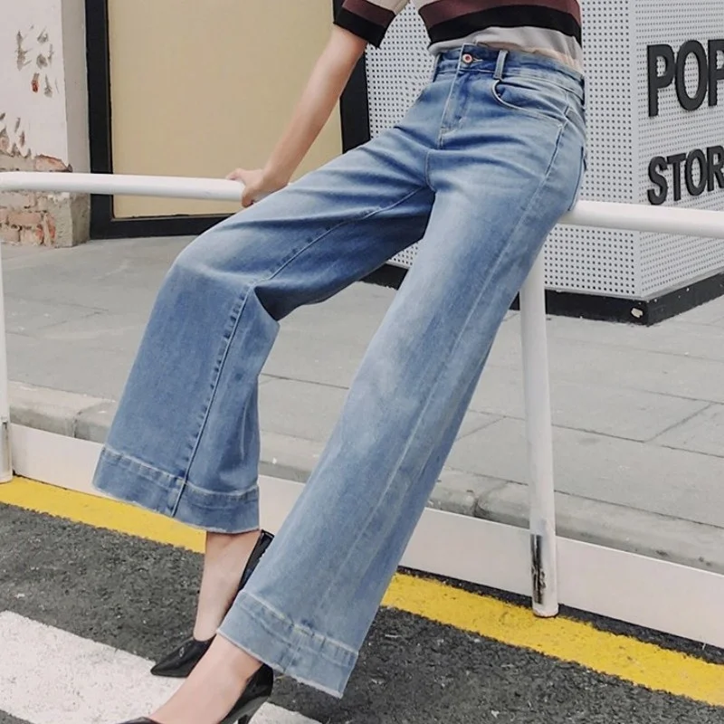 Light Women Color Denim Ankle-Length Pants New Simple Straight High Waist Trousers Office Ladies Vintage Loose Wide-Legged Jeans