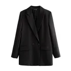 Женский двубортный блейзер с карманами, Черный винтажный пиджак с длинным рукавом, верхняя одежда для офиса, 2021