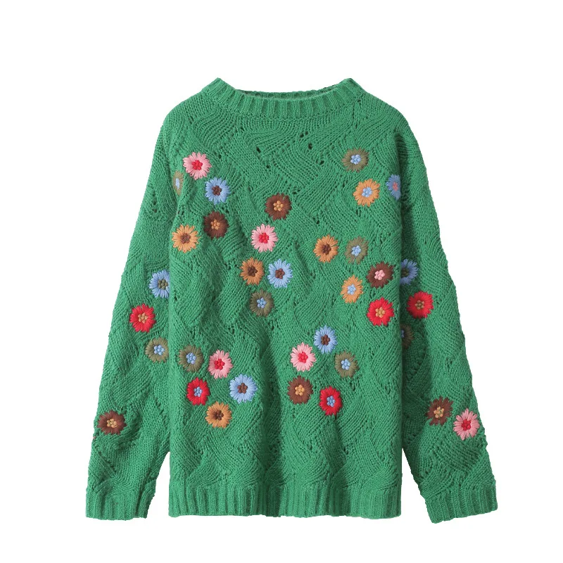 

2020 Autumn Winter Sweater Women Thick Knitted Pullover Tops Long Sleeve Flower Jacquard Green Casual Tops Loose Outerwear