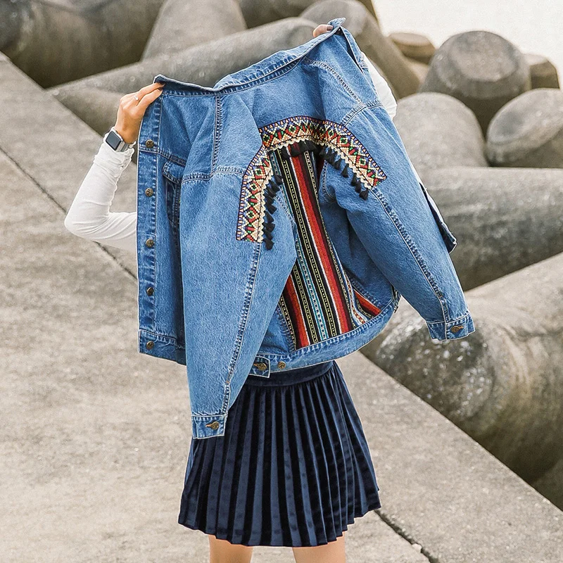 Boho вышивка джинсовые куртки для женщин с длинным рукавом Повседневная Верхняя