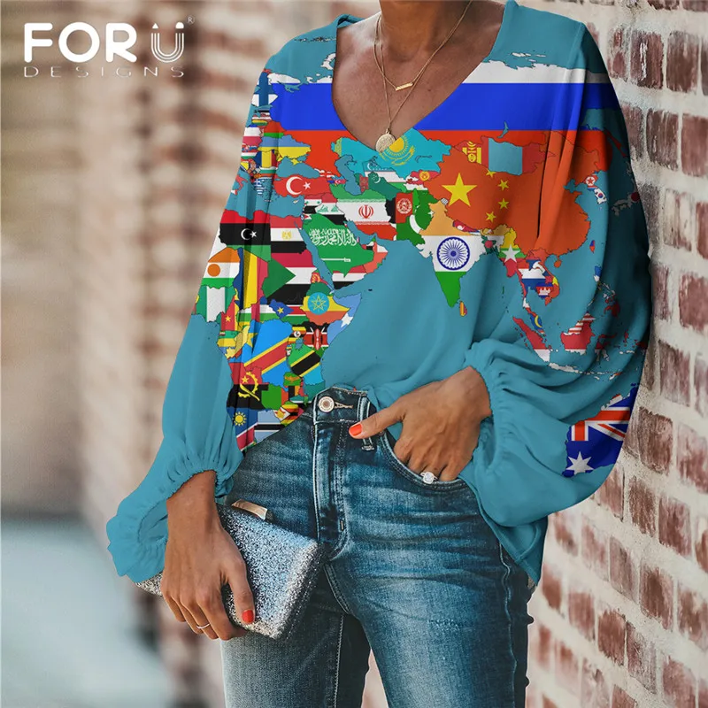 FORUDESIGNS/блузка для женщин Карта мира узор женские топы и блузки 2020 размера плюс