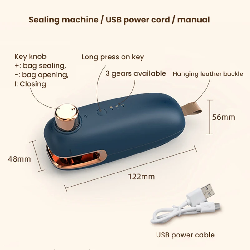 

USB Rechargeable Electric Sealing Machine Mini Portable Pressing Plastic Bag Heating Sealer 3 Gear Adjustment Snacks Bag Sealer