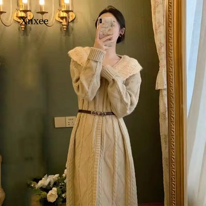 

French Vintage Knitted Dress for Women Autumn Winter Cute Lapel Elegant Long Sweater Dresses Vestido Fall New Outfits Clothing