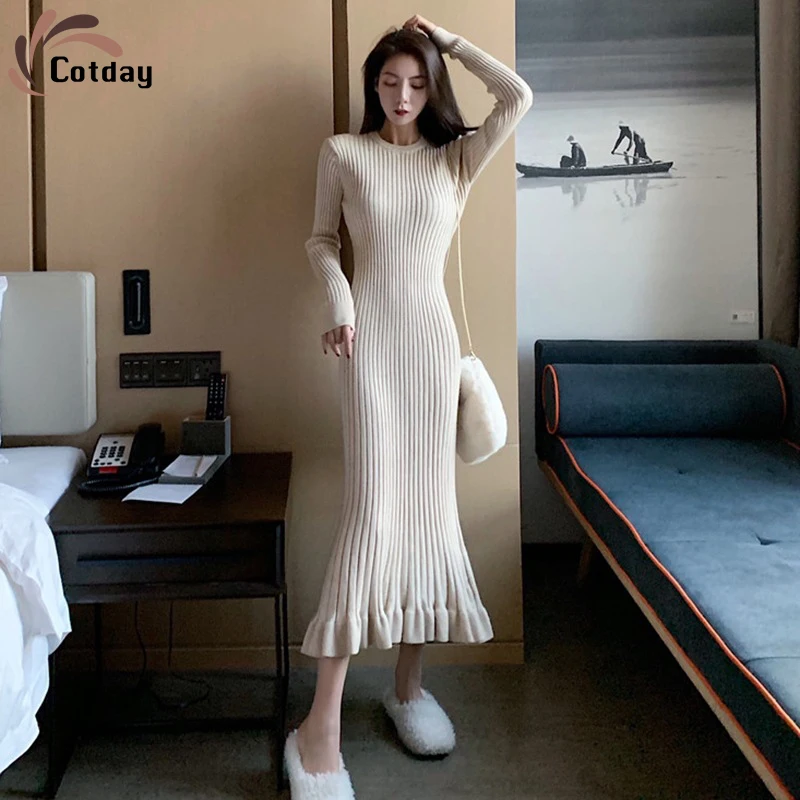 

Cotday с круглым вырезом, бежевые вязанные для женщин в винтажном стиле в виде листка лотоса тендер зимние летный Костюм покрытия длиной до кол...