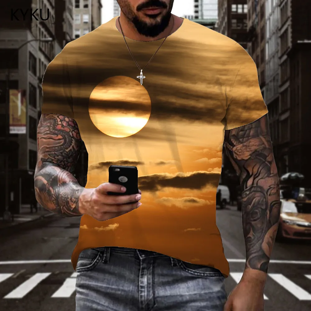 

Мужская футболка с принтом KYKU, летняя повседневная футболка с принтом солнца и неба, 2019