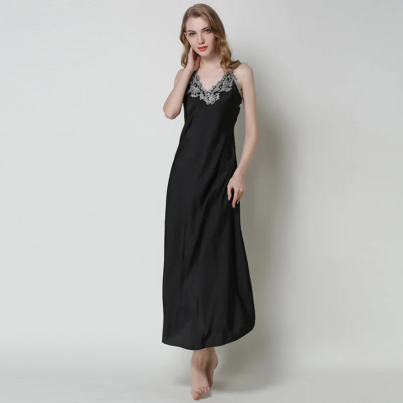 

Faux Silk Pajamas Women Lace Sexy V-neck Long Sling Pajama Dress Homewear