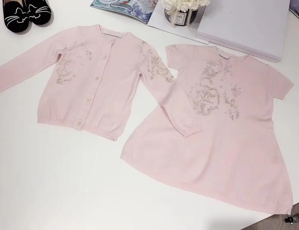 Трикотажное платье принцессы для девочек и вязаные кардиганы розовые хаки