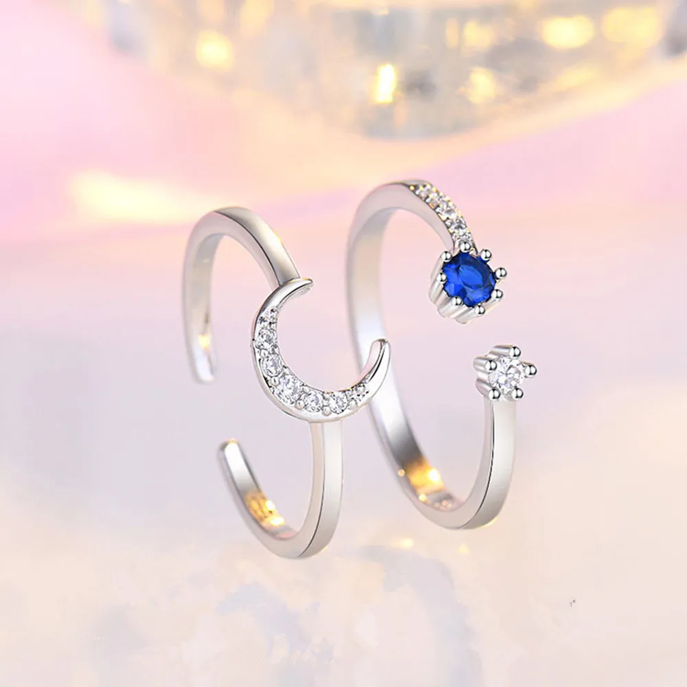 

2pcs/set Minimalist Zircon Moon Sun Female Resizable Opening Rings For Charming Women Party Fine Jewelry