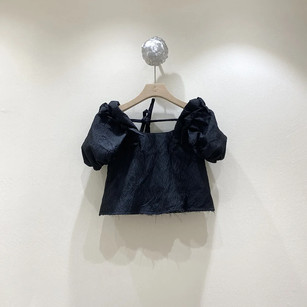 

TVVOVVIN Summer New Solid Color Puff Sleeve Women Short Shirt Solid Color Lace-up Backless Pleated Tops J24C