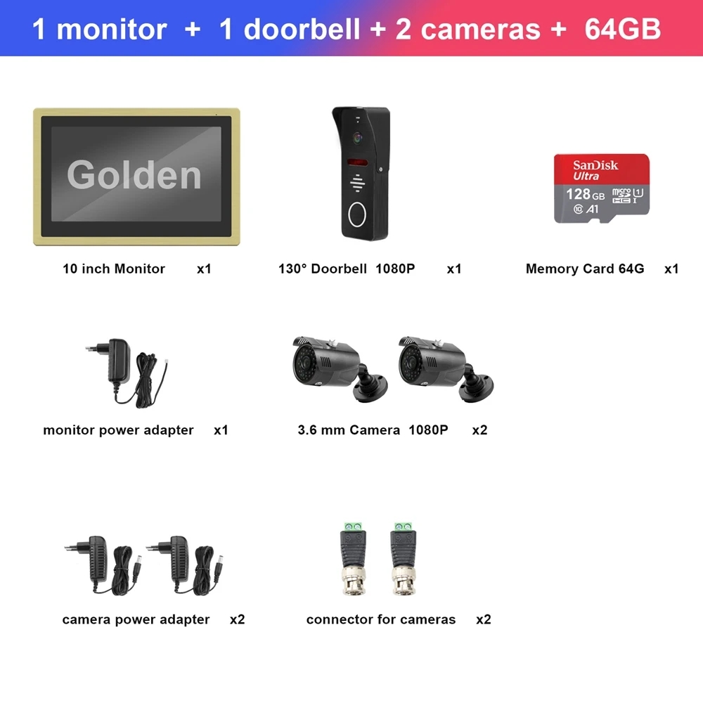 SET 2 Diagonsview Wifi видеодомофон HD 1080P беспроводной видеодомофон для домашней системы безопасности 10 дюймов сенсорный экран WiFi дверной телефон - Цвет: SET 2