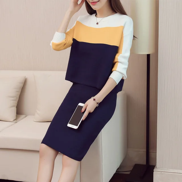 Модные женские вязаные топы + юбки Костюмы комплект из двух предметов 2018 новый