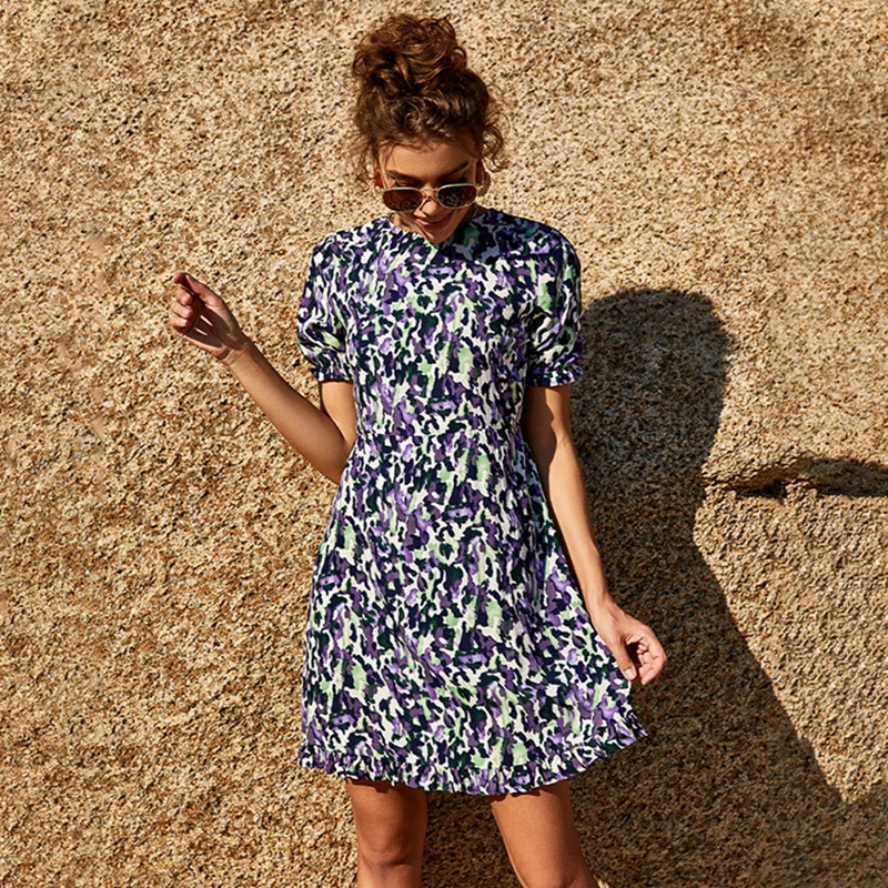 

Ladies Fashion Casual Chiffon Dress 2021 Spring /summer Ladies O- Neck Skirt Turtleneck Robe Summer Women A-LINE Print Rayon