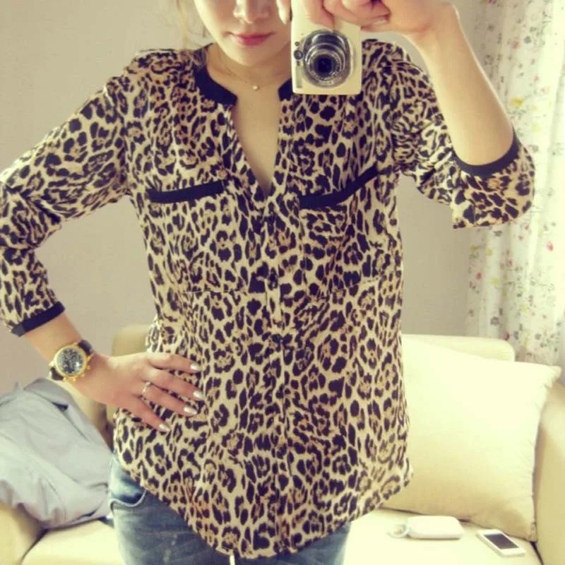 Leopard Print Women Blouse Long Sleeve Chiffon Fabric Blouse V-neck Lady Office Shirt Tunic Casual Loose Tops Plus Size Blusasp5 1