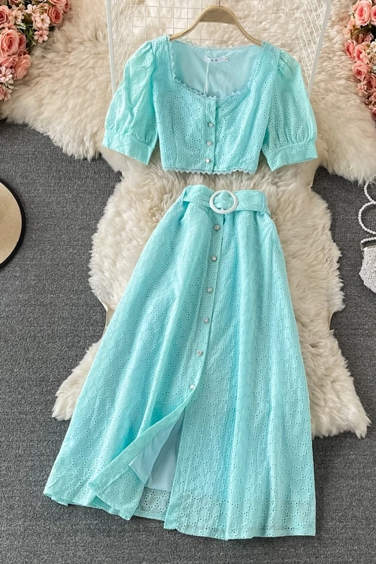 

2021 New Summer Sweet square collar puff sleeve short Shirt Top + lace up waist hollow out single breasted Skirt 2-piece set