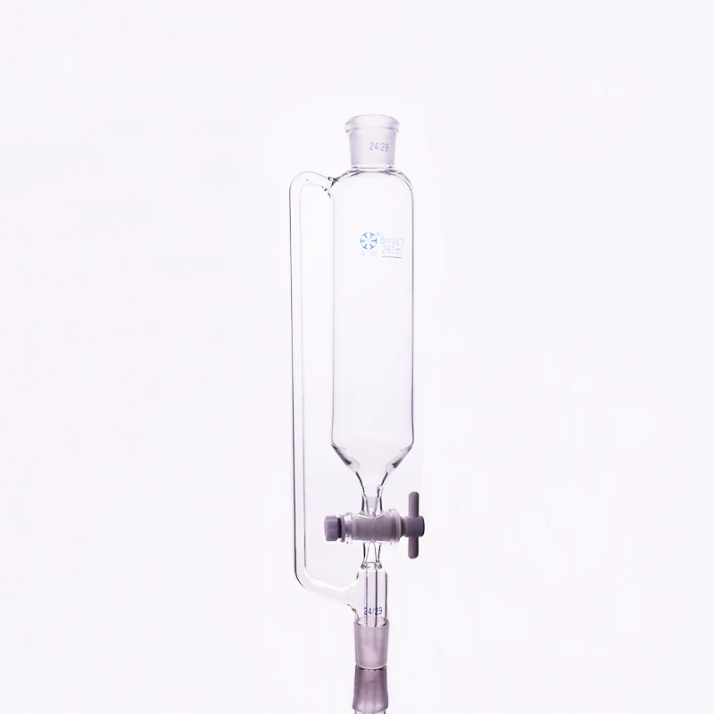 Separatory funnel constant pressure cylindrical shape,standard ground mouth.Capacity 250ml,Joint 24/29+24/29,PTFE switch valve