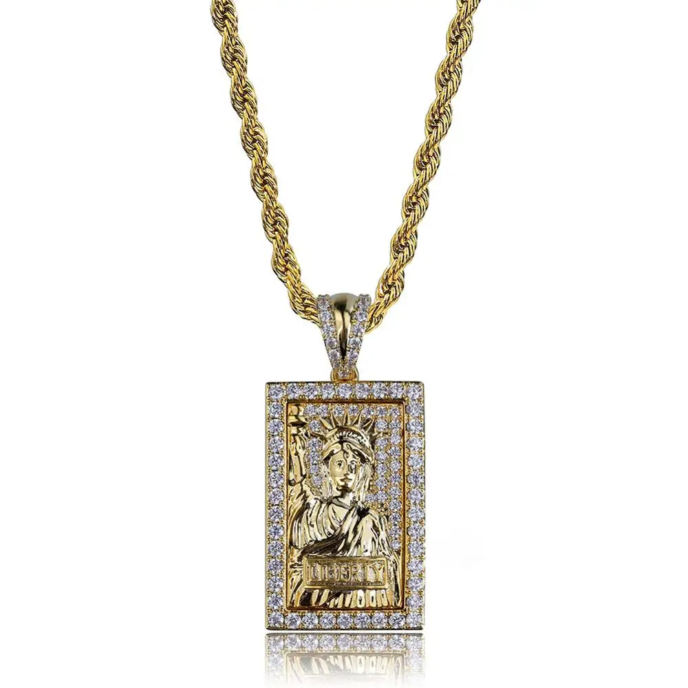

Hip Hop Rectangle Pendant Necklace Micro Pave Cubic Zirconia Statue of Liberty Gold Silver Color Plated Pendants Necklaces Bling