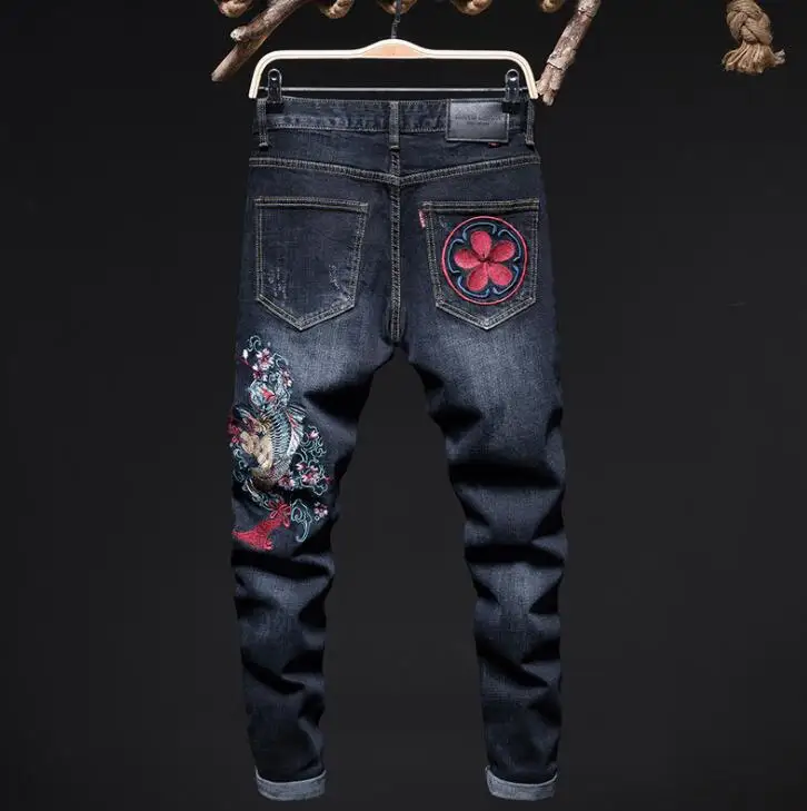 Mens jeans embroidered original design trousers new American style small straight stretch carp dark blue slim trendy pants
