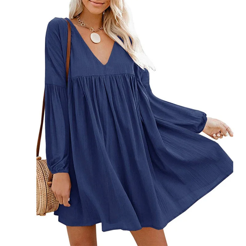 

Spring New Ladies Dress European and American Style Pure Color Elegant Loose Long-sleeved V-neck Skirt Women's Clothing WE176