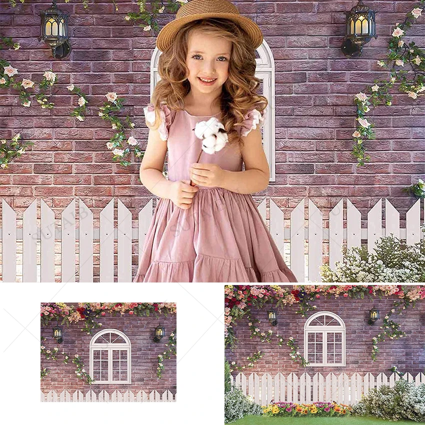 

Spring Easter Garden Photography Background Flower Brick Wall Fence Window Background Birthday Newborn Baby Shower Decoration