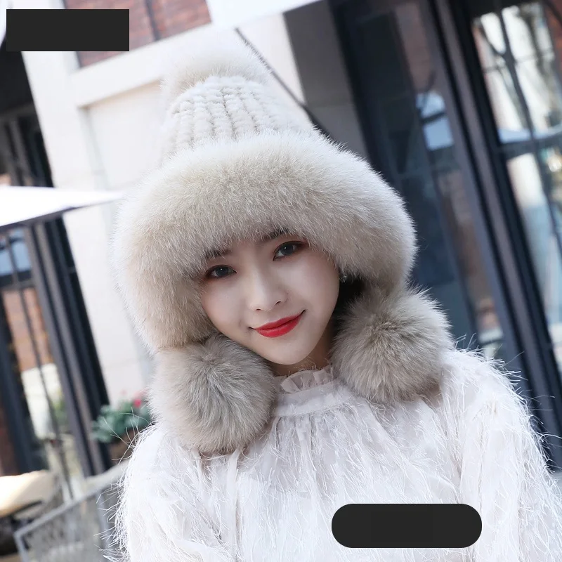 Натуральная вязаная шапка-бомбер из меха норки зимние теплые шапки лисьего