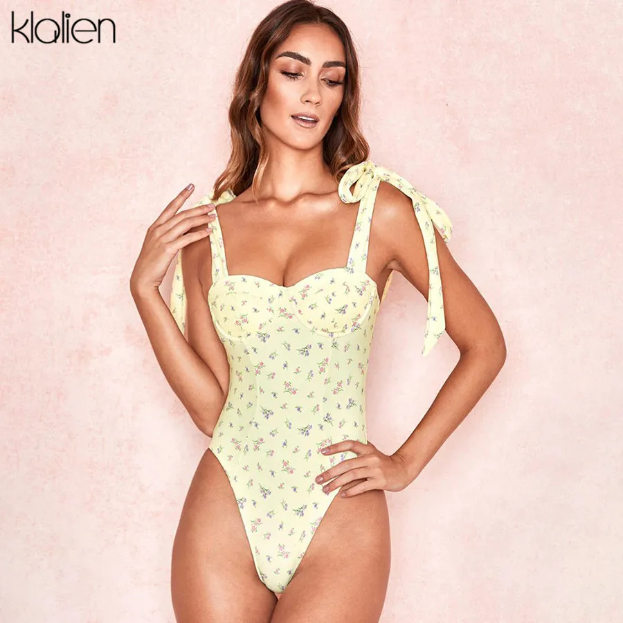 KLALIEN fashion sexy backless sleeveless bow shoulder female bodysuit high street casual print party club vacation lady |