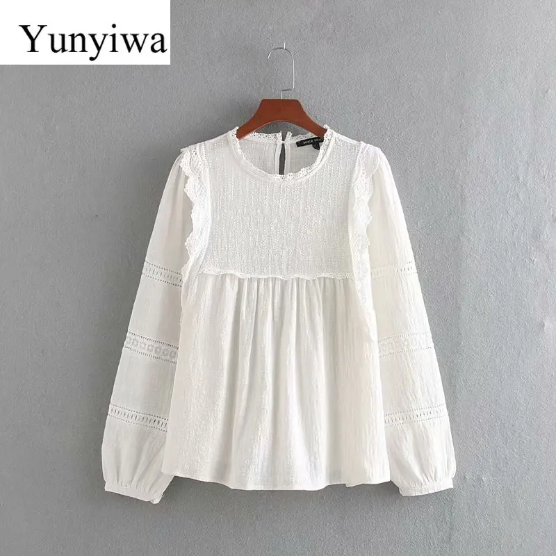 Женская Милая Кружевная Повседневная блуза с круглым вырезом Лоскутная рубашки