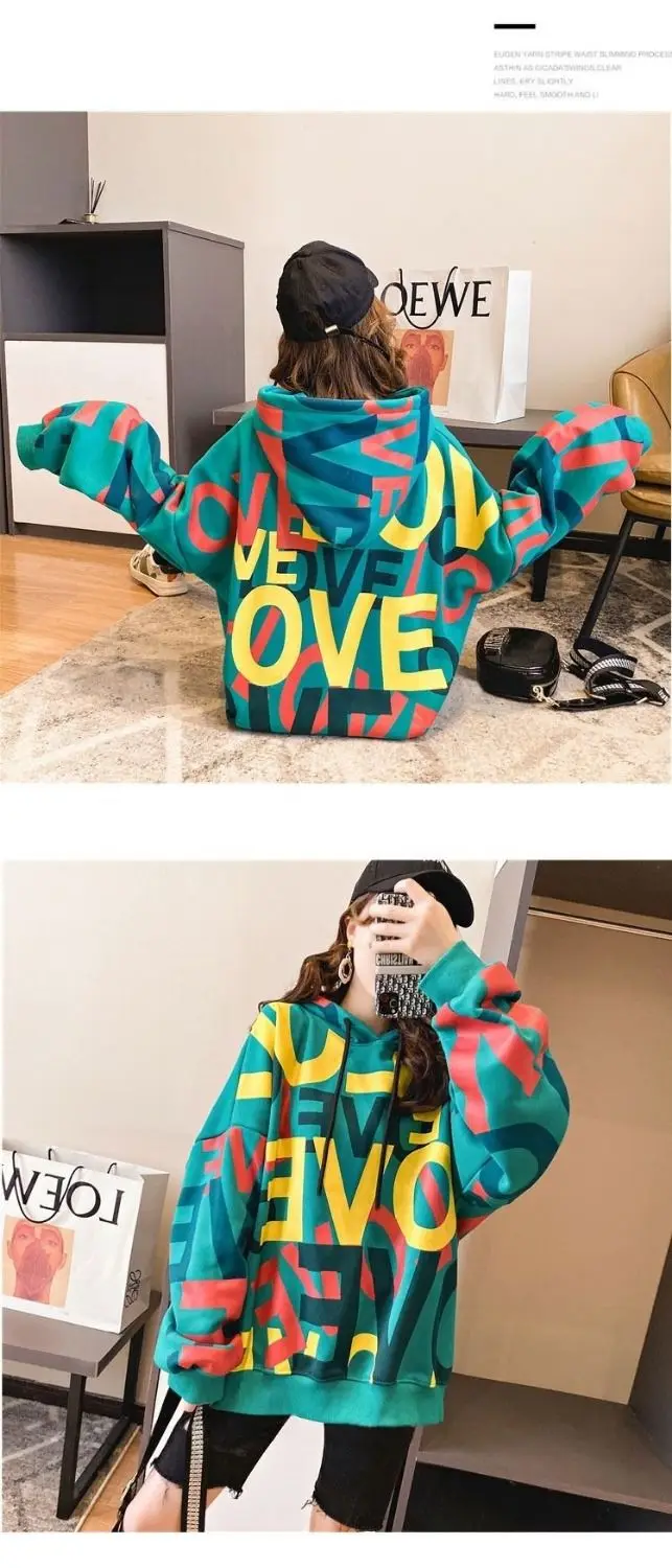 

New korean hoodie female 2020 winter casual fleece oversized hoodies letter loose print thicken hoodies for girls