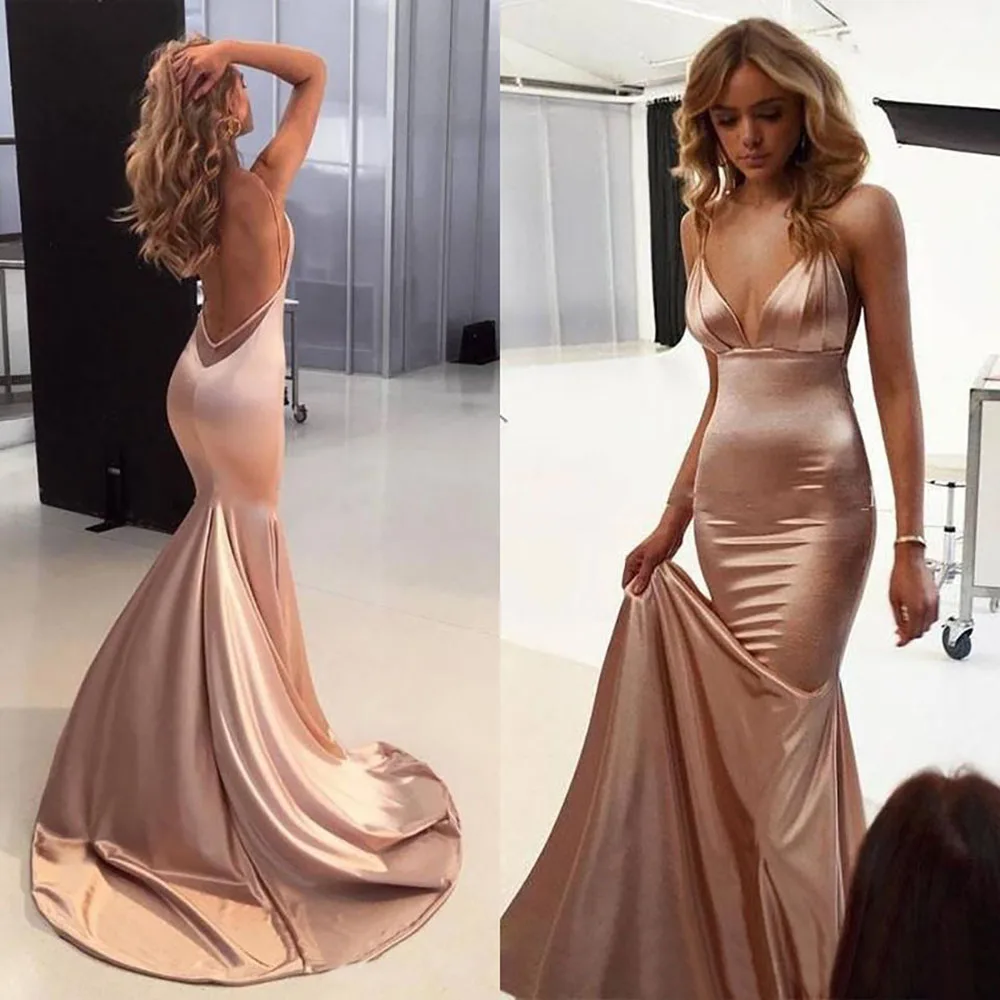 

New Champagne Girls Pageant Sleeveless Plus Size Custom Prom Party Gown Mermaid Trumpet V-Neck Backless Evening Dresses Satin