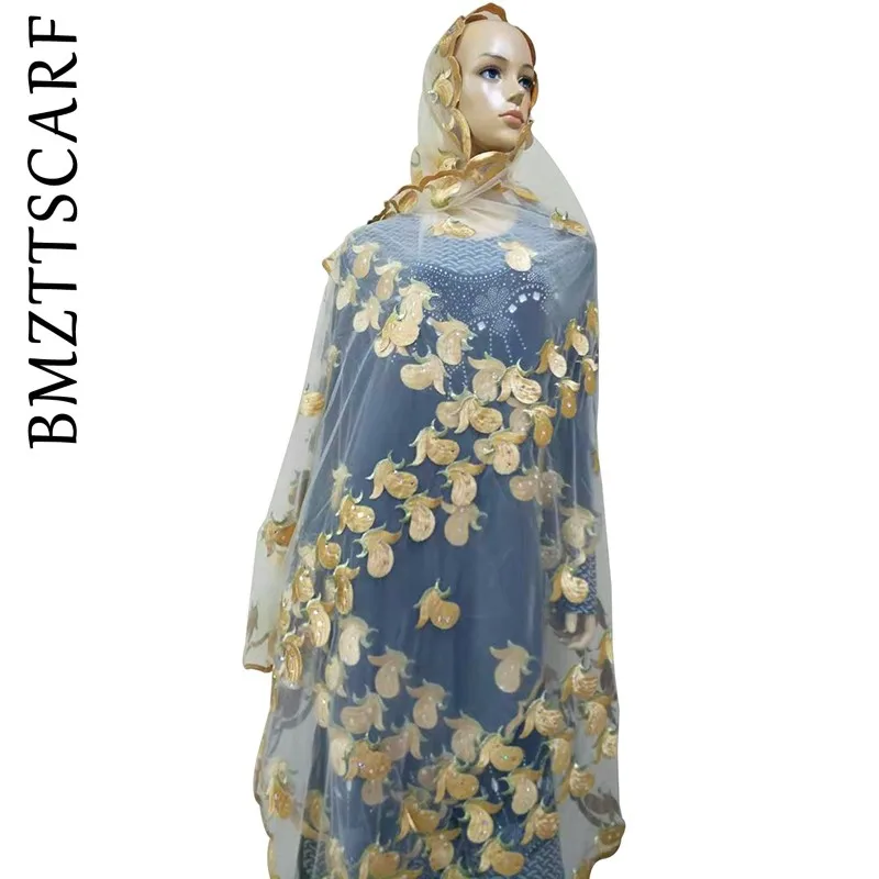 Color 13 African Women Scarf Good Quality Plain Embroidery with Stones Soft Net Scarf for Headscarf Wraps Pashmina BM805 - Цвет: Color 13