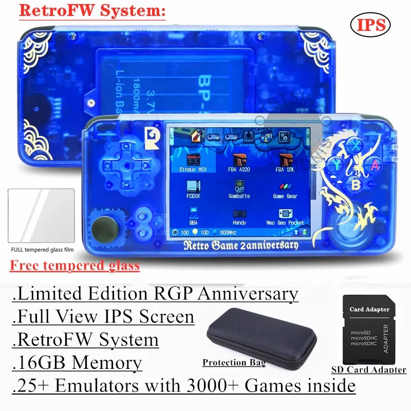 RetroFWOS 16GB Blue TSINGO обновленный полный вид ips экран Linux двойная система Ретро игровая консоль 64 бит портативный игровой плеер лучшие подарки - Цвет: RetroFWOS 16GB Blue