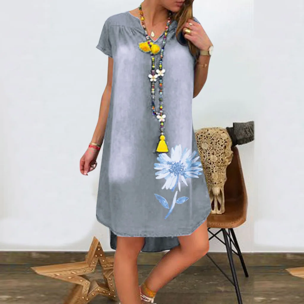 Женское платье-багги Повседневное платье-туника с коротким рукавом и цветочным