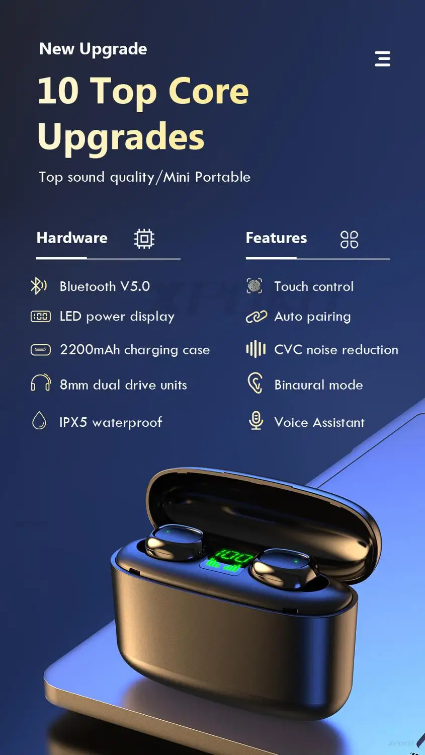 Беспроводные наушники TWS с Bluetooth зарядным устройством Hi Fi вкладыши Спортивная