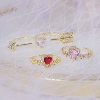 romantic arrow of love double finger ring 14k real gold heart crystal cz rings for women gift bague anillos bijoux adjustable