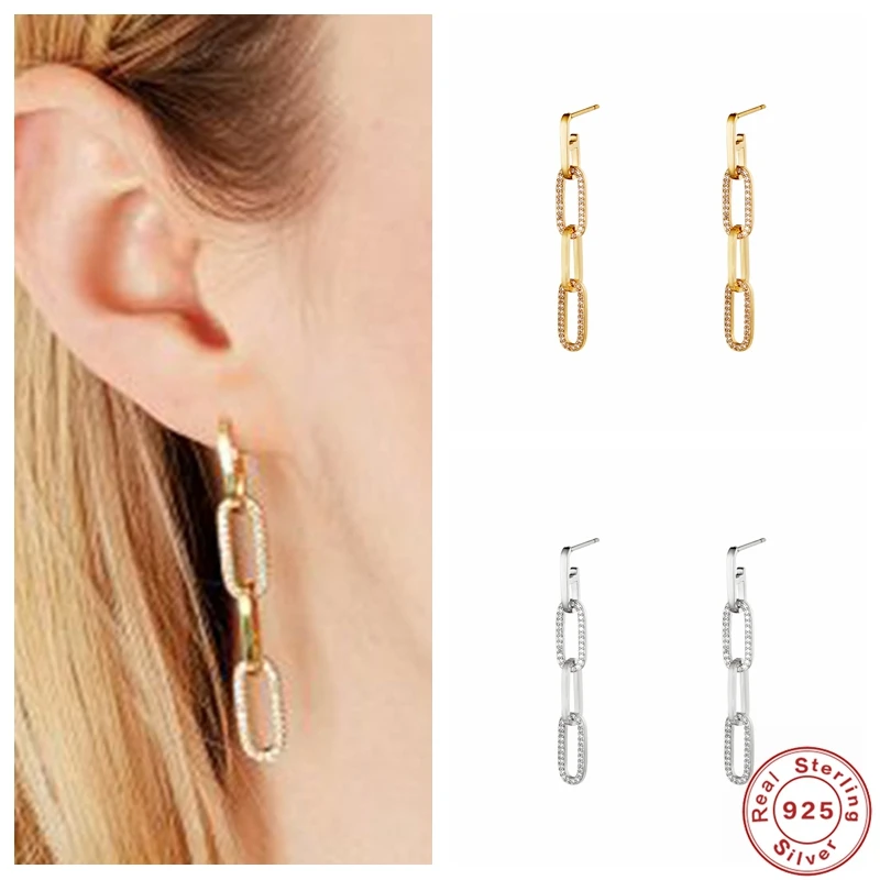 

KOJ 2021 Trend Earrings 925 Sterling Silver Minimalist Long Chain Shiny Crystal Zircon Hoop Earrings for Women Earrings Jewelry