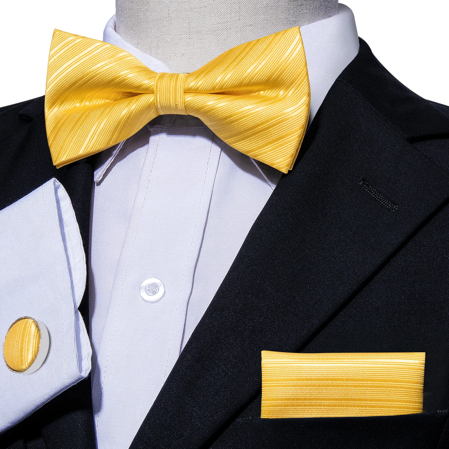 

Barry.Wang Fashion Yellow Solid Bow Ties For Men Silk Butterfly Pre-Tied Bow Tie Pocket Square Cufflinks Suit Set Floral Bowtie