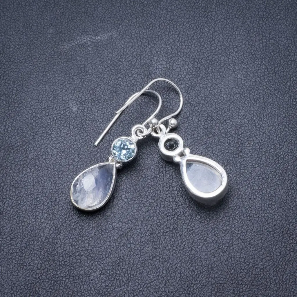 

Natural Rainbow Moonstone and Blue Topaz Handmade Unique 925 Sterling Silver Earrings 1 1/4" Y2056