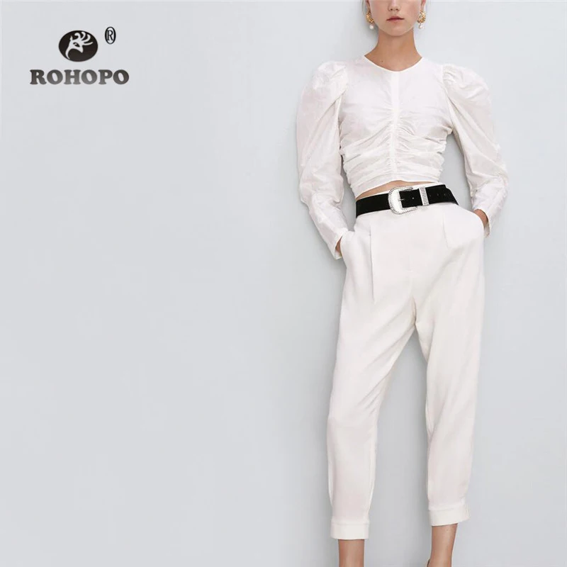 ROHOPO круглый воротник пышный жаккард с длинным рукавом спереди драпированная