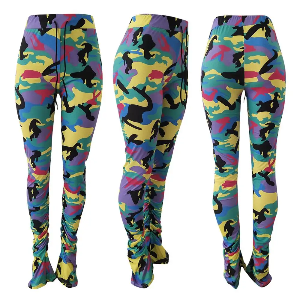 

European leisure camouflage sports pants fashion multicolor lace up women's flared pants
