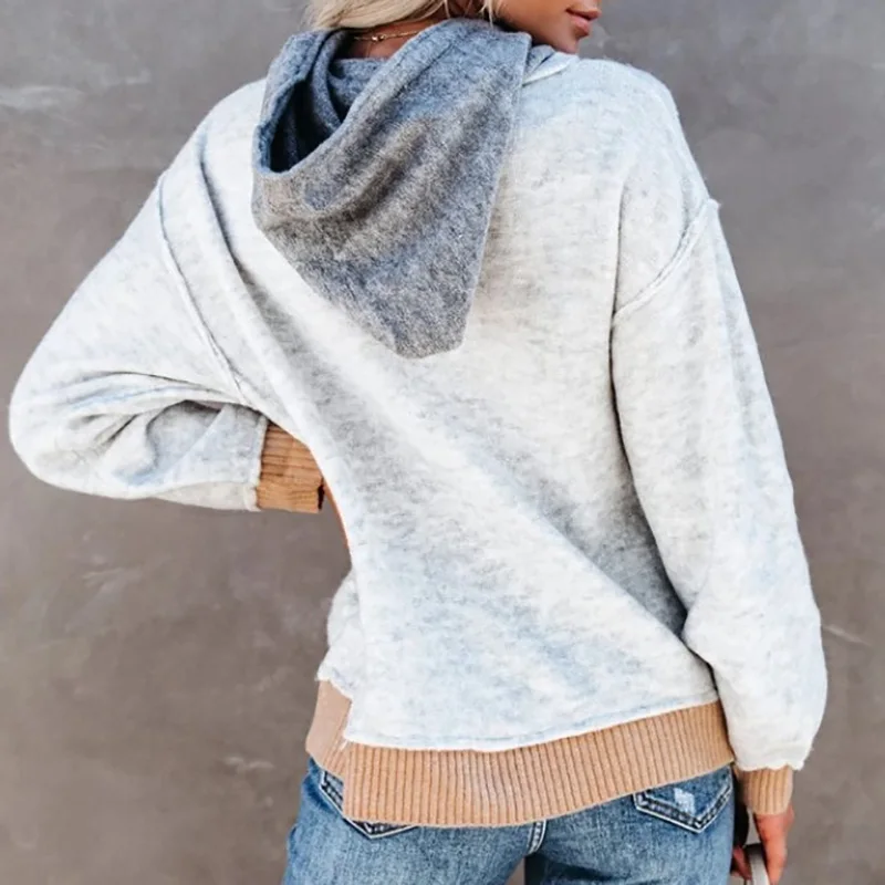 

Spring Autumn Women Print Streetwear Blouse Blusa Big Pockets Patchwork Loose Hoodies Female Casual Hooded Long Sleeve Clothing