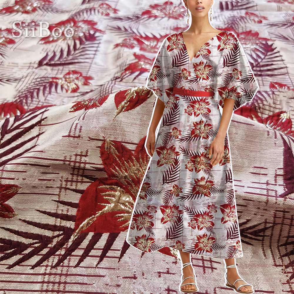 

Siiboo metallic jacquard yarn dyes fabric red lily pattern feminine American style for passionate women wear events dress sp6560